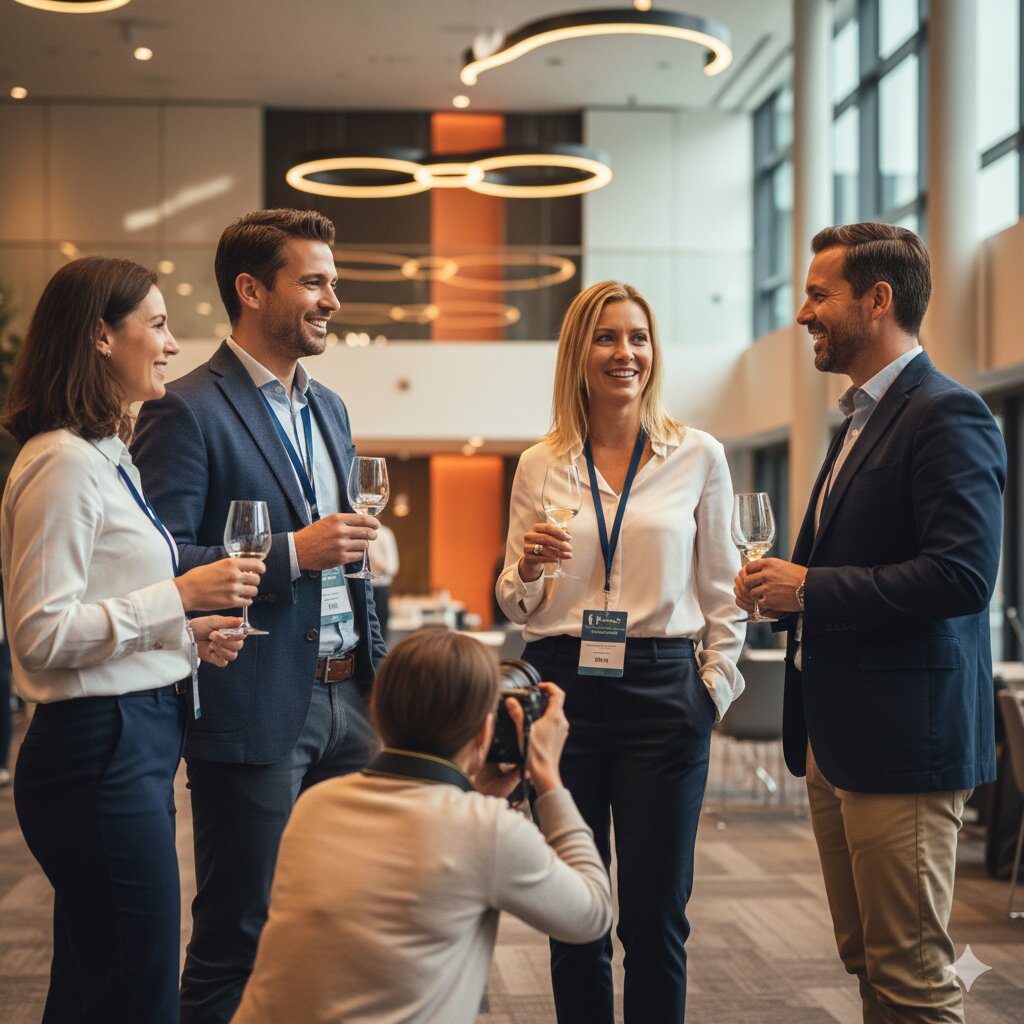 Corporate networking with professional photographer capturing moments
