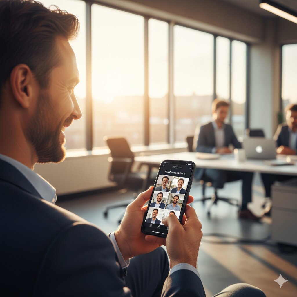 Business professional happy viewing personalised event photos